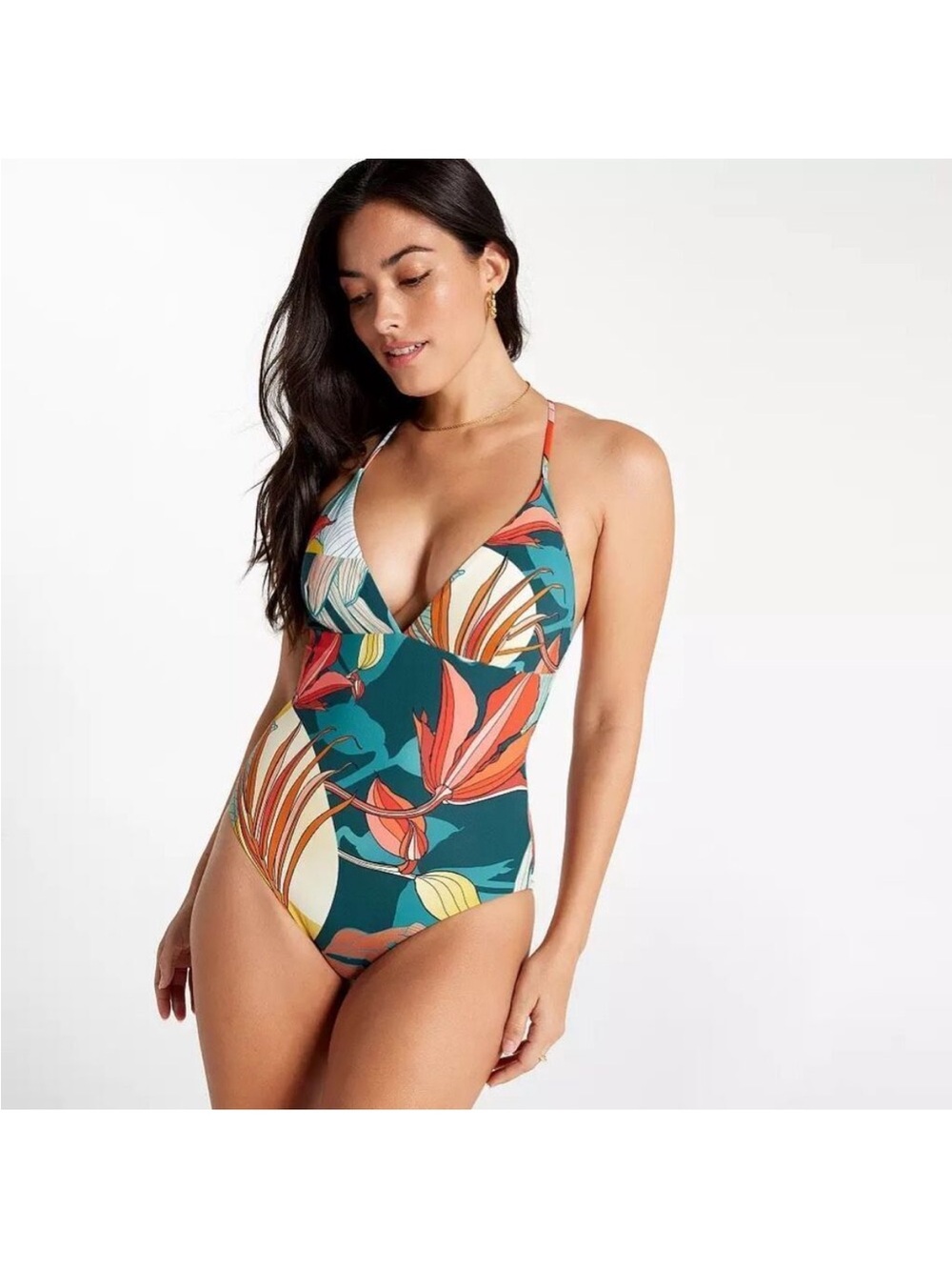 CALIA by Carrie Underwood Teal Tropical Floral V-Neck One-Piece Swimsuit
